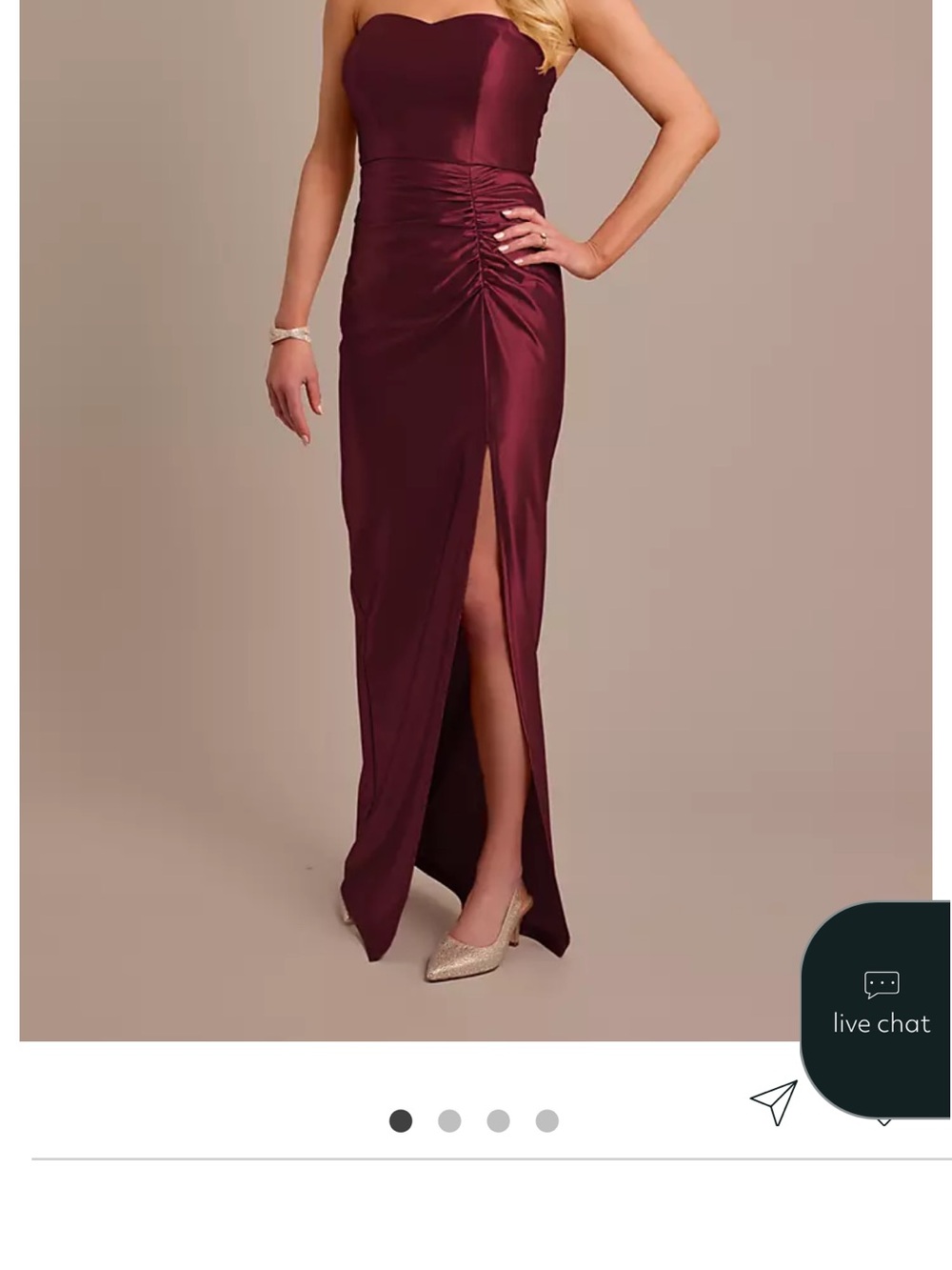 David's Bridal Strapless Ruched Satin Gown in Burgundy